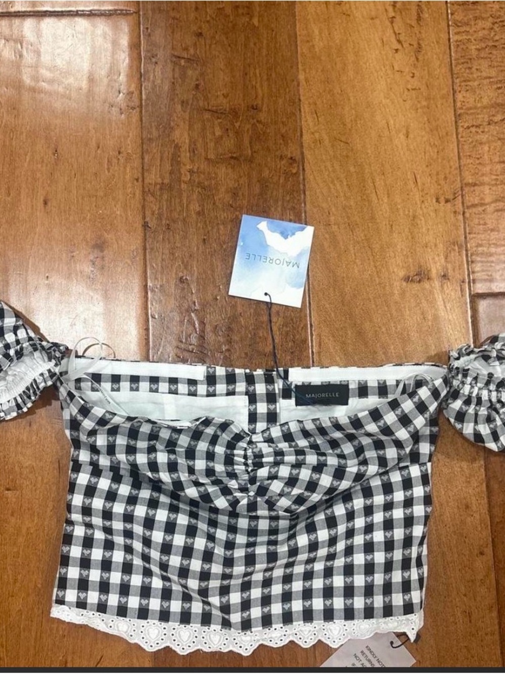 MAJORELLE Black & White Gingham Off-Shoulder Crop Top with Eyelet Hem